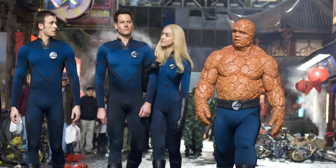 A promotional poster featuring Pedro Pascal, Vanessa Kirby, Joseph Quinn, and Ebon Moss-Bachrach, portraying Marvel's Fantastic Four.