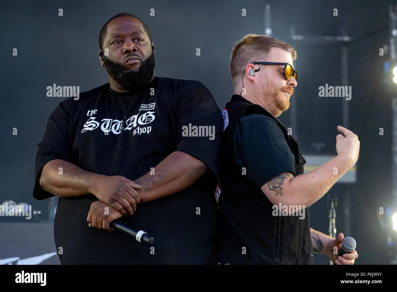 Rapper Killer Mike's 2024 Grammy Awards journey. On one side, the artist triumphantly stands on stage with three Grammy awards, symbolizing his musical achievements.