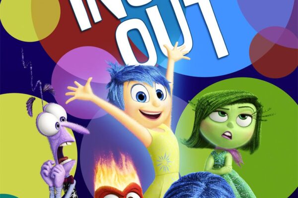 A colorful scene from Inside Out 2 featuring Riley's emotions, Joy, Sadness, Anger, Fear, and Disgust, in the control room of her mind, showcasing the vibrant and imaginative world of Pixar's animated film.