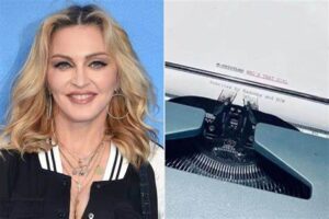 Madonna working on her biopic script with a typewriter, teasing the title "Who’s That Girl".