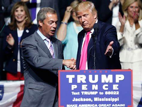 Donald Trump and Nigel Farage at a political rally, showing camaraderie and mutual support.
